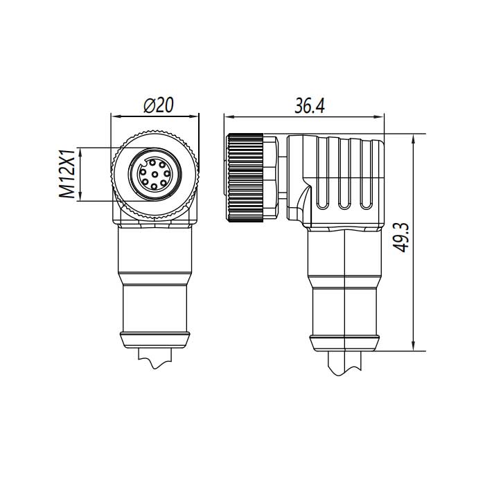 M12 8Pin、母頭90°、單端預鑄PVC非柔性電纜、灰色護套、64S443-XXX