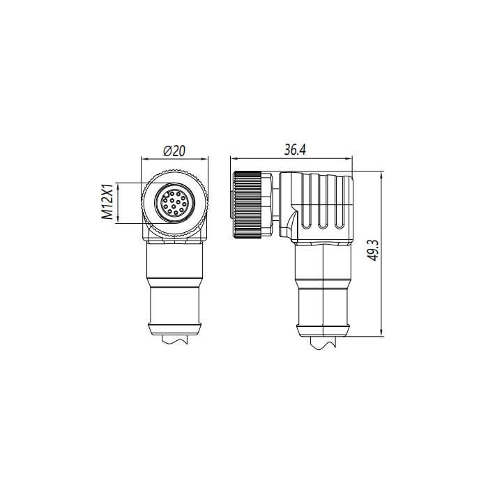 M12 12Pin、母頭90°、單端預(yù)鑄PUR柔性電纜、黑色護套、64S491-XXX