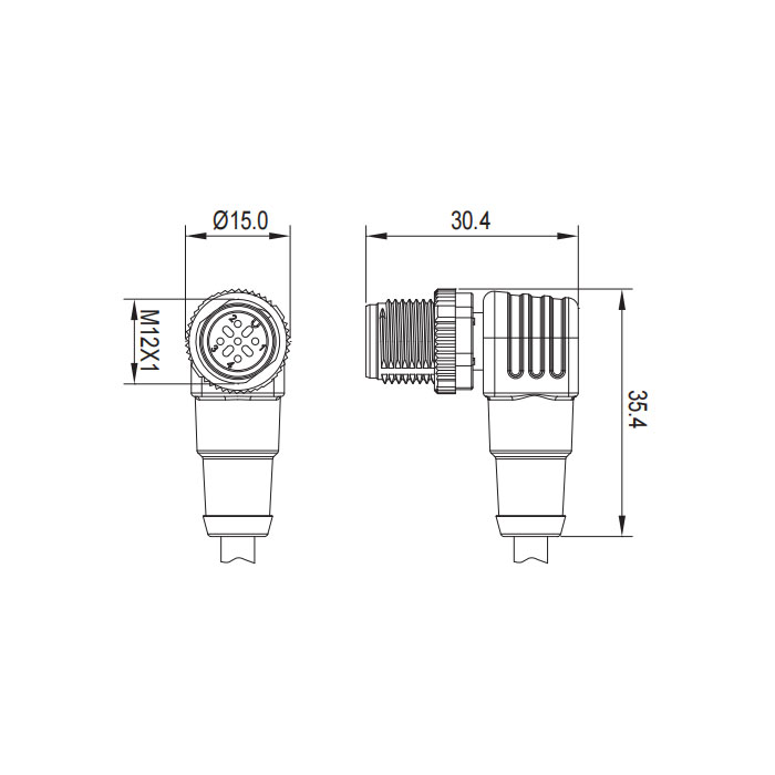 M12 3Pin、公頭90°、單端預(yù)鑄PVC非柔性電纜、帶屏蔽、灰色護(hù)套、64S507-XXX