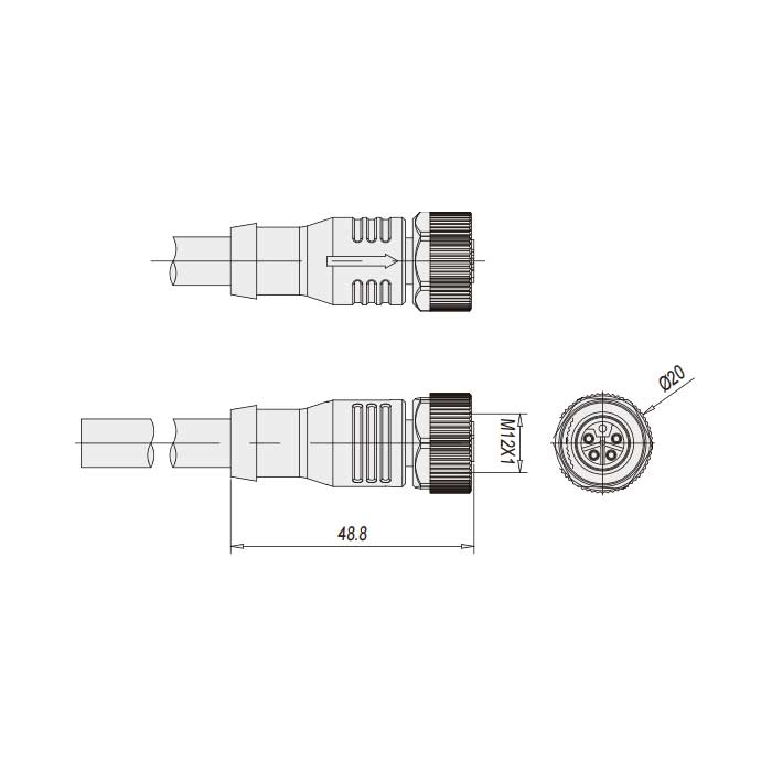 M12 5Pin、L-coded、母頭直型、單端預鑄PUR柔性電纜、黑色護套、64LS05-XXX