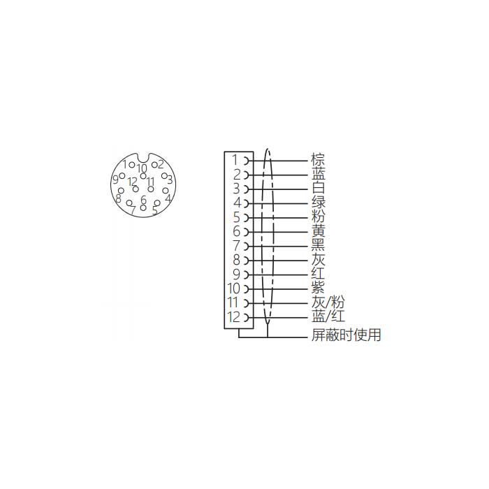 M12 12Pin、母頭直型、單端預鑄PUR柔性電纜、帶屏蔽、黑色護套、64S383-XXX