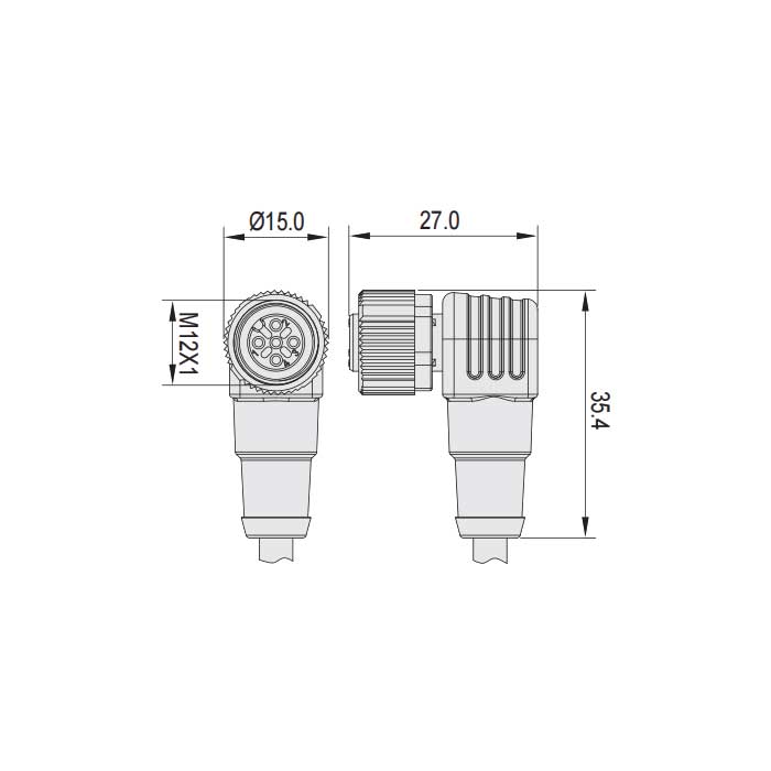 M12 5Pin、引腳5灰、母頭90°、單端預鑄PVC非柔性電纜、帶屏蔽、灰色護套、64S287-XXX