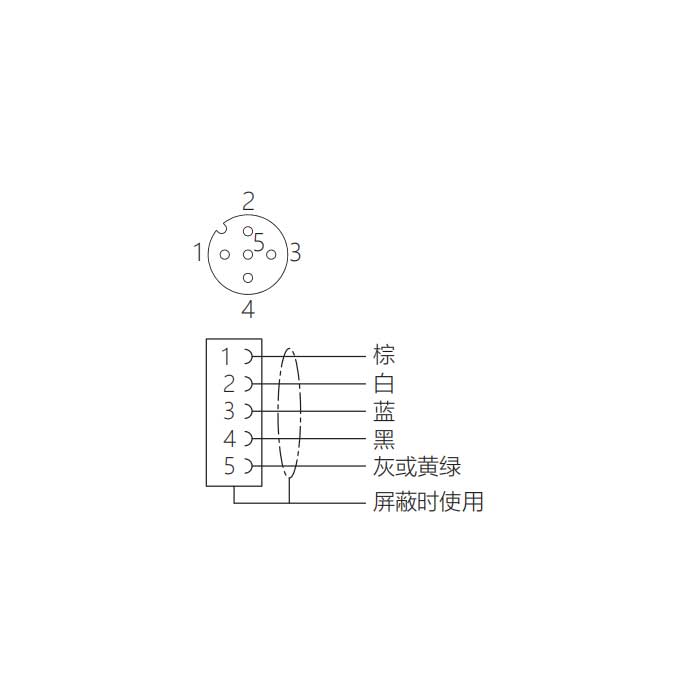 M12 5Pin、引腳5灰、母頭90°、單端預鑄PVC非柔性電纜、帶屏蔽、灰色護套、64S287-XXX