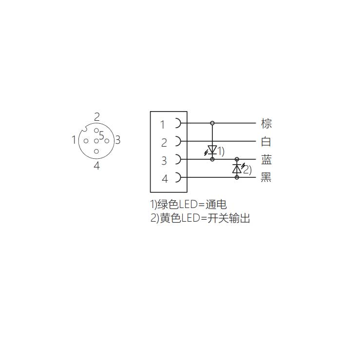 M12 4Pin、母頭直型、帶LED燈、單端預鑄PVC非柔性電纜、灰色護套、64S163-XXX