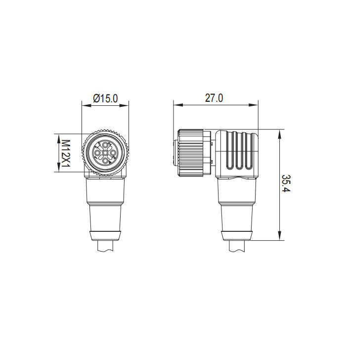 M12 3Pin、母頭90°、單端預鑄PVC非柔性電纜、帶屏蔽、灰色護套、64S047-XXX