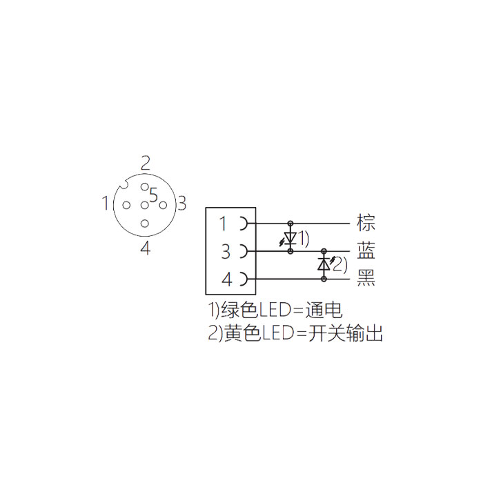 M12 3Pin、母頭90°、帶LED燈、單端預鑄PUR柔性電纜、黑色護套、64S061-XXX