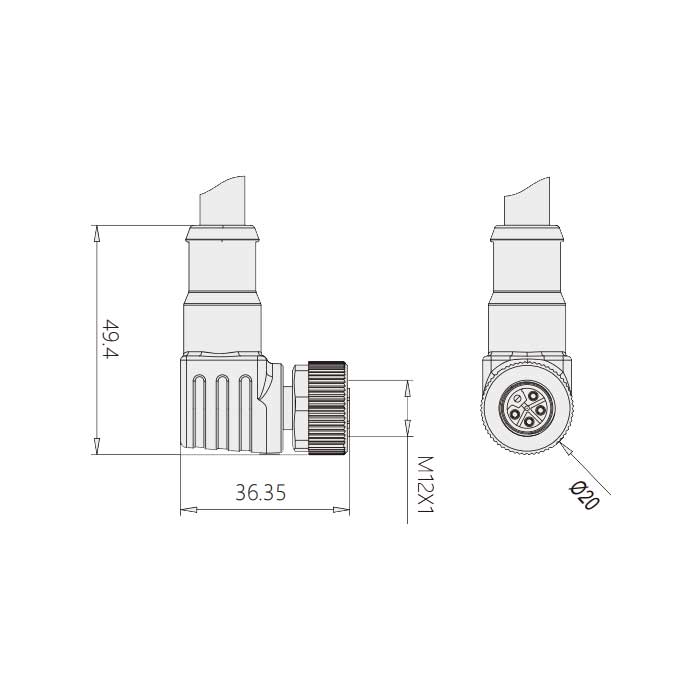 M12 5Pin、L-coded、母頭90°、單端預鑄PUR柔性電纜、黑色護套、64LS45-XXX