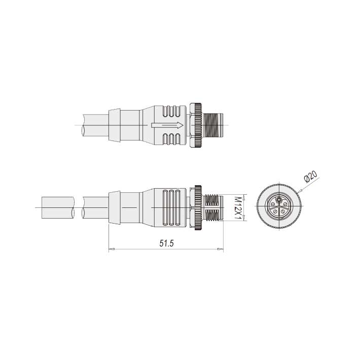 M12 5Pin、L-coded、公頭直型、單端預鑄PUR柔性電纜、黑色護套、64LS25-XXX