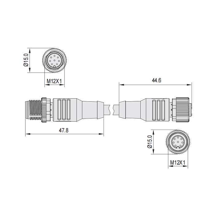 M12 8Pin、母頭直型轉(zhuǎn)公頭直型、雙端預(yù)鑄PVC非柔性電纜、灰色護(hù)套、64D383-XXX