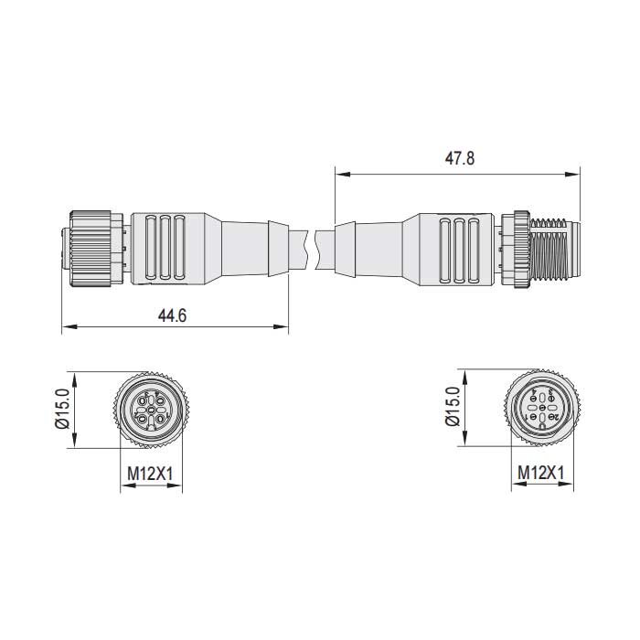 M12 5Pin、母頭直型轉公頭直型、雙端預鑄PUR柔性電纜、帶屏蔽、黑色護套、64D285-XXX