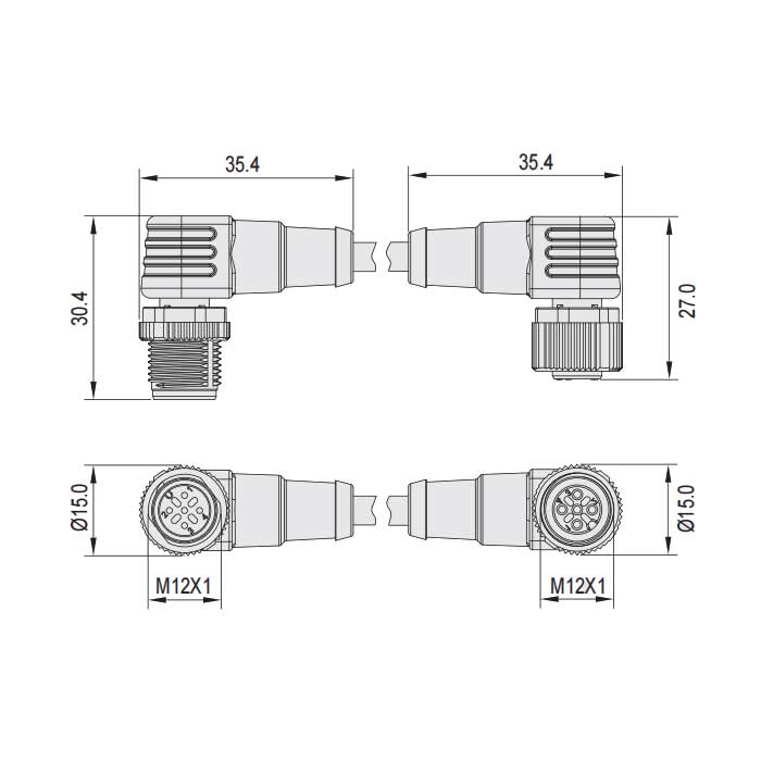 M12 4Pin、母頭90°轉公頭90°、雙端預鑄PUR柔性電纜、帶屏蔽、黑色護套、64D465-XXX