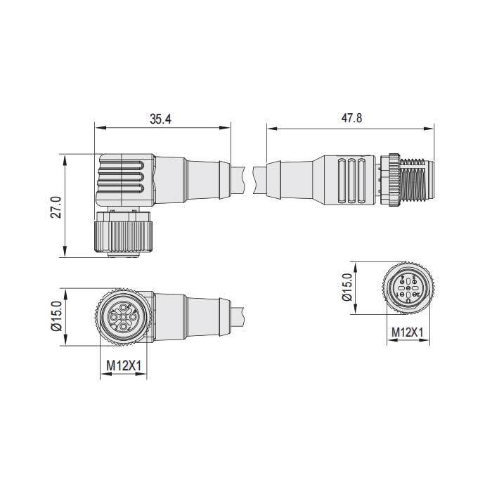 M12 4Pin 、母頭90°轉(zhuǎn)公頭直型、雙端預(yù)鑄PVC非柔性電纜、帶屏蔽、灰色護套、64D227-XXX