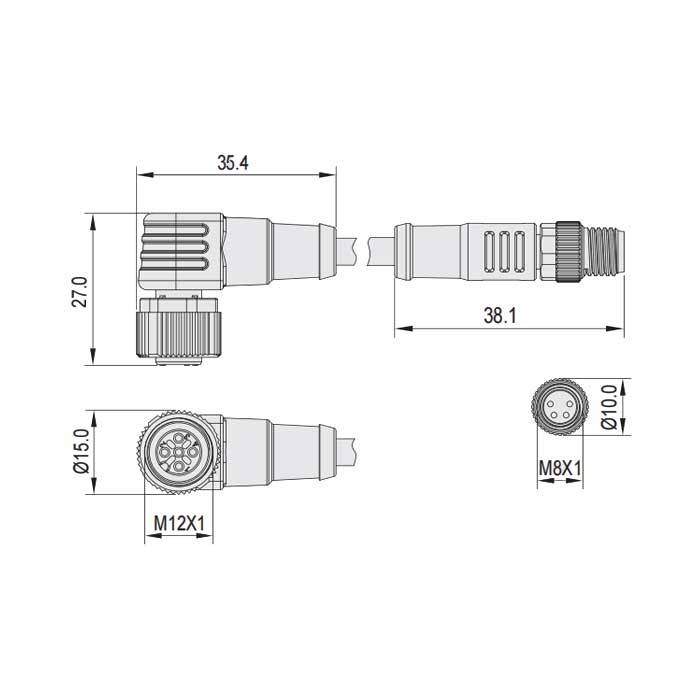 M12母頭90°帶LED轉M8公頭直型、4Pin、雙端預鑄PVC非柔性電纜、灰色護套、64D103-XXX