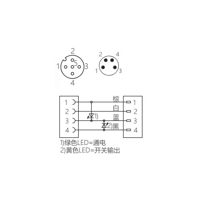 M12母頭90°帶LED轉M8公頭直型、4Pin、雙端預鑄PVC非柔性電纜、灰色護套、64D103-XXX