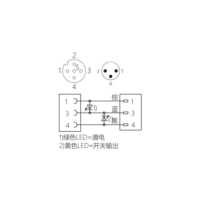 M12母頭90°帶LED燈轉M8公頭直型、3Pin、雙端預鑄PUR柔性電纜、黑色護套、64D041-XXX 