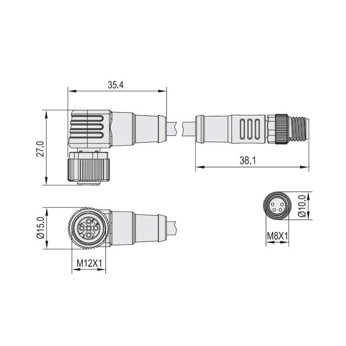 M12 母頭90°轉(zhuǎn)M8公頭直型、4Pin、雙端預(yù)鑄PVC非柔性電纜、灰色護套、64D083-XXX