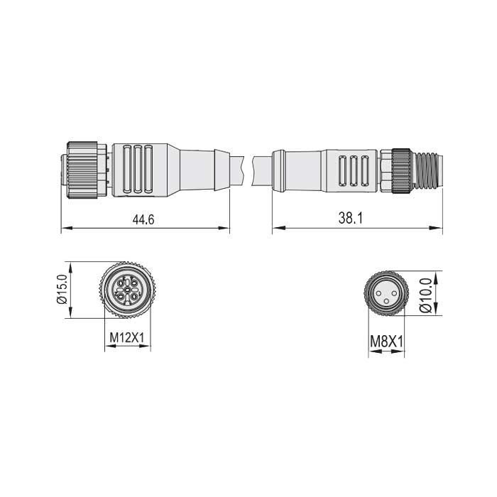 M12母頭直型轉M8公頭直型、3Pin、雙端預鑄PUR柔性電纜、黑色護套、64D001-XXX