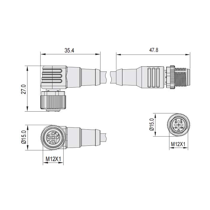 M12 4Pin、母頭90°帶LED燈轉(zhuǎn)公頭直型、雙端預(yù)鑄PVC非柔性電纜、灰色護套、64D243-XXX