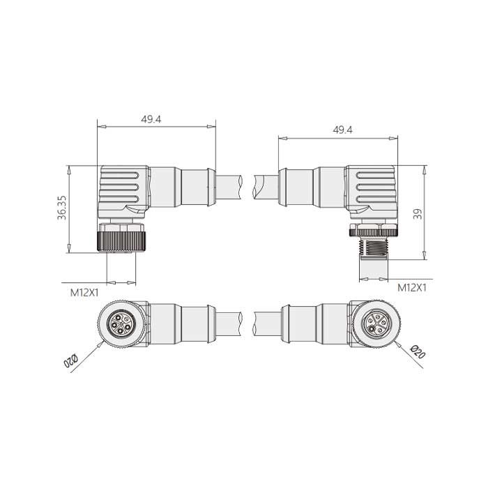 M12 5Pin、L-coded、母頭90°轉公頭90°、雙端預鑄PUR柔性電纜、黑色護套、64LD65-XXX