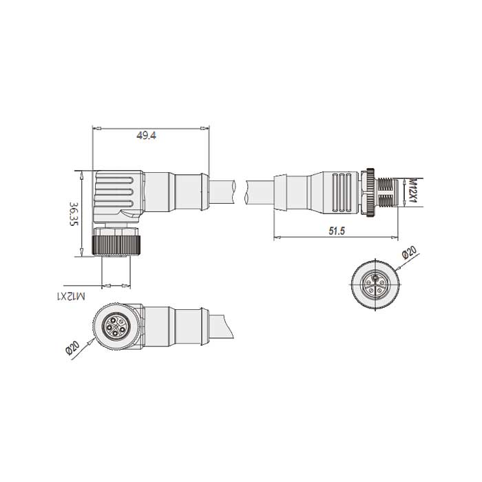 M12 5Pin、L-coded、母頭90°轉公頭直型、雙端預鑄PVC非柔性電纜、黃色護套、64LD43-XXX