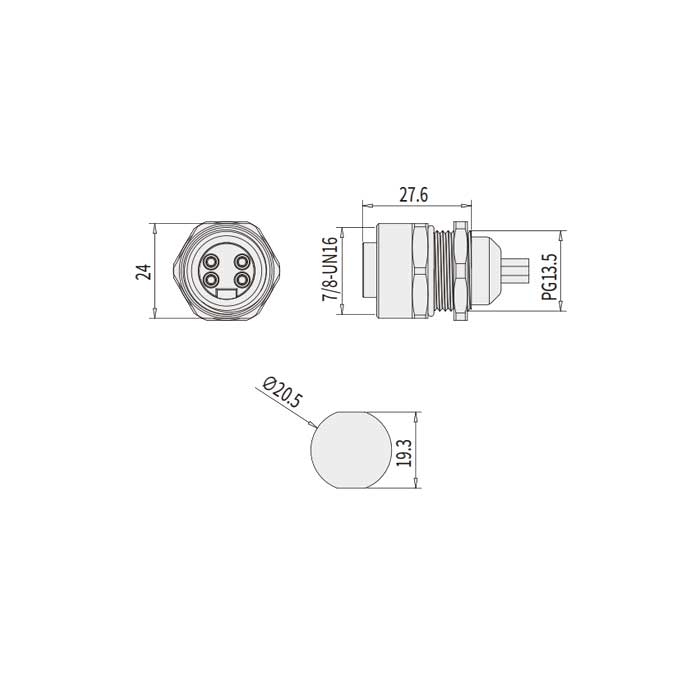 7/8”4Pin、公頭直型、法蘭插座、預鑄UL電子線、0PI961-XXX