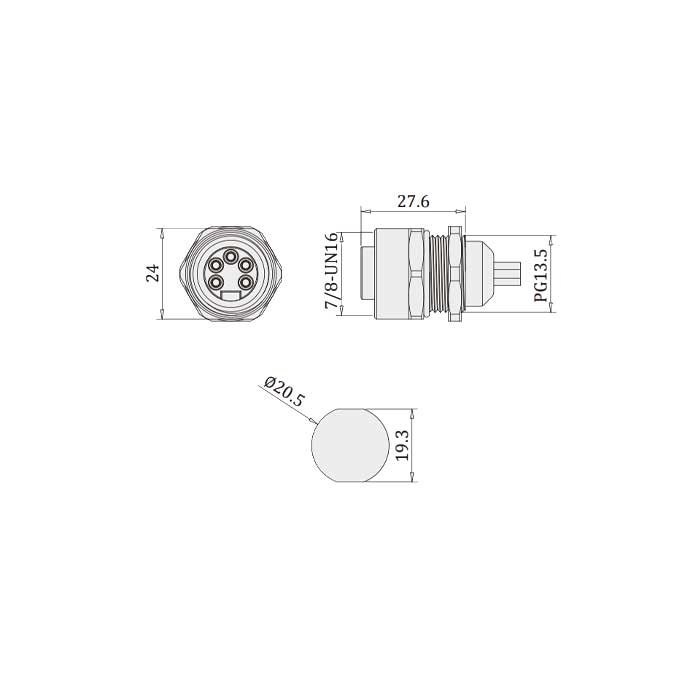 7/8”5Pin、母頭直型、法蘭插座、預鑄UL電子線、0PI901-XXX