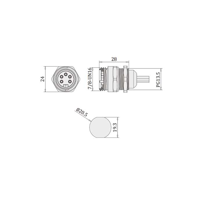 7/8”5Pin、公頭直型、法蘭插座、預鑄UL電子線、0PI921-XXX 