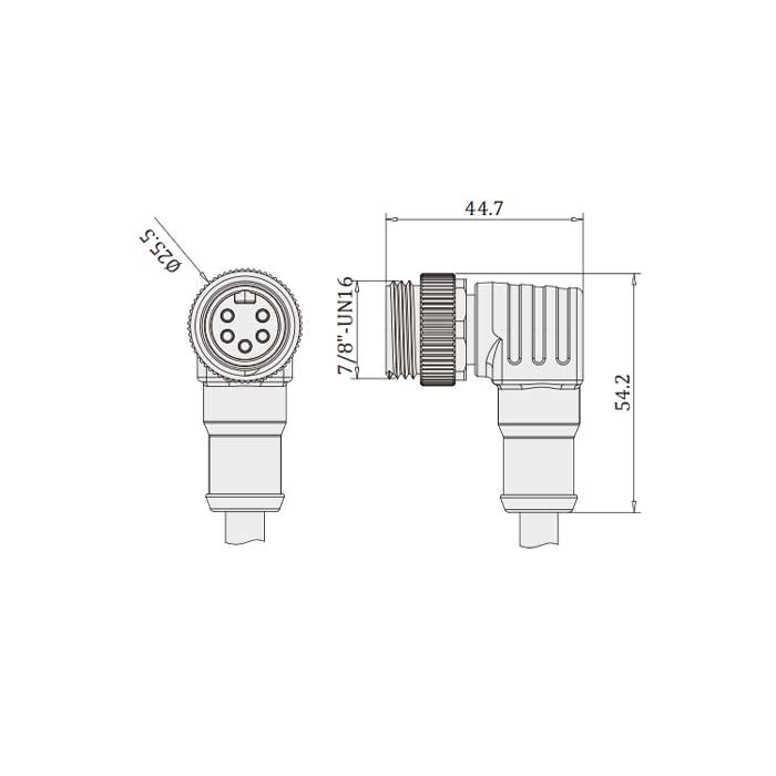 7/8”5Pin、公頭90°、單端預鑄PVC非柔性電纜、黃色護套、0PI053-XXX