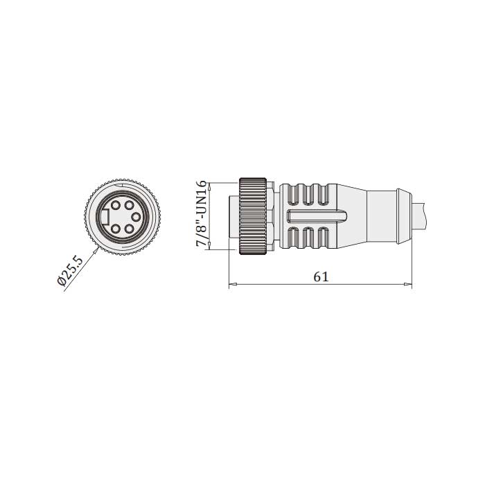 7/8”5Pin、母頭直型、單端預鑄PVC非柔性電纜、灰色護套、0PI001-XXX