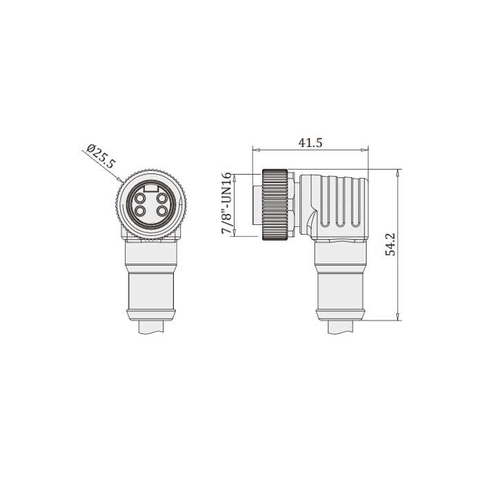 7/8”4Pin、母頭90°、單端預鑄PUR柔性電纜、黑色護套、0PI185-XXX