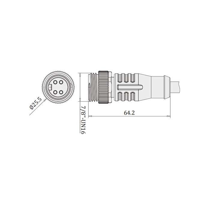 7/8”4Pin、公頭直型、單端預鑄PVC非柔性電纜、黃色護套、0PI123-XXX